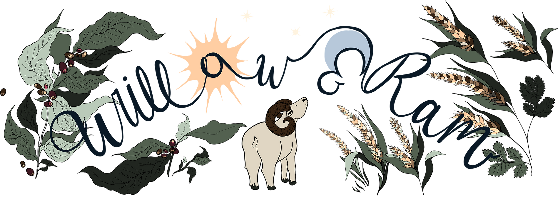 Willow & Ram illustration, a ram beneath a sun and moon surrounded by botanical leaves and wheat